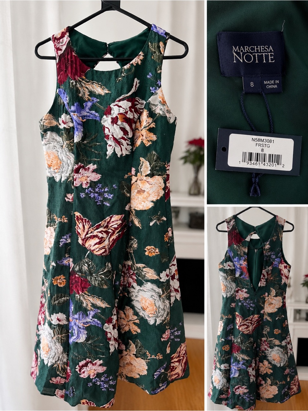 Marchesa Notte Dark Green Floral Mini Dress